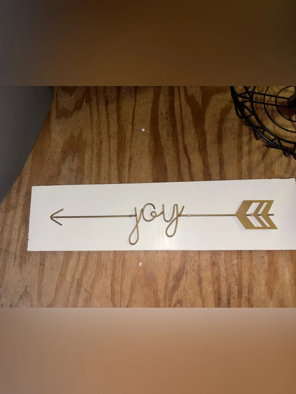 Wall Arrow 'JOY' Metal Script Sign in Gold on White